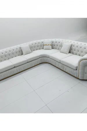 Luxury Chesterfield Sectional Sofa Set with Cloth Buttons and Fabric Modular Couch with Gold Stainless Steel Base, 3-seater Sofa