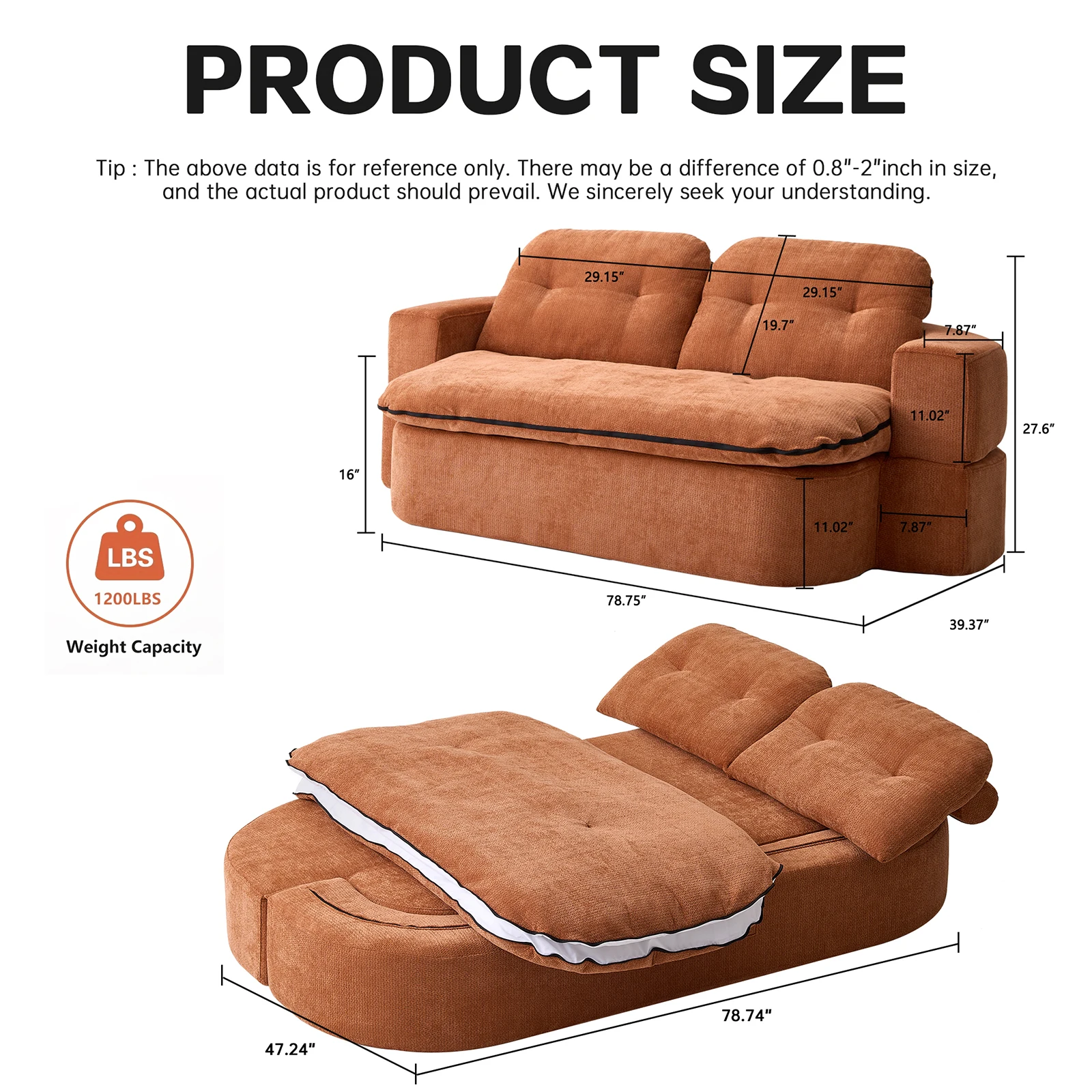 79" Boneless Loveseat, Convertible Folding Sofa Bed Full Size with Pillows, Fold Out Couch,for Living Room, Small Spaces - Image 3