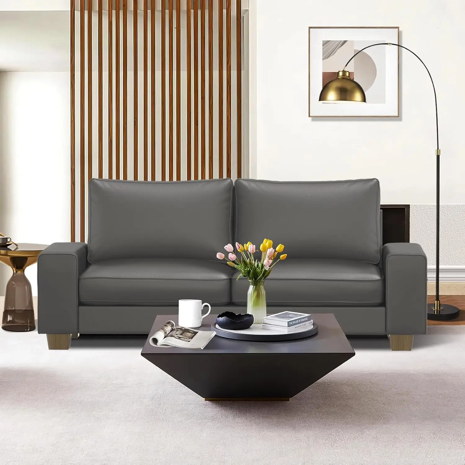 mid Century Modern Faux Leather Sofa Loveseat with Wide Arms And Side Pockets Solid Wooden Frame for Comfortable Seating Customi