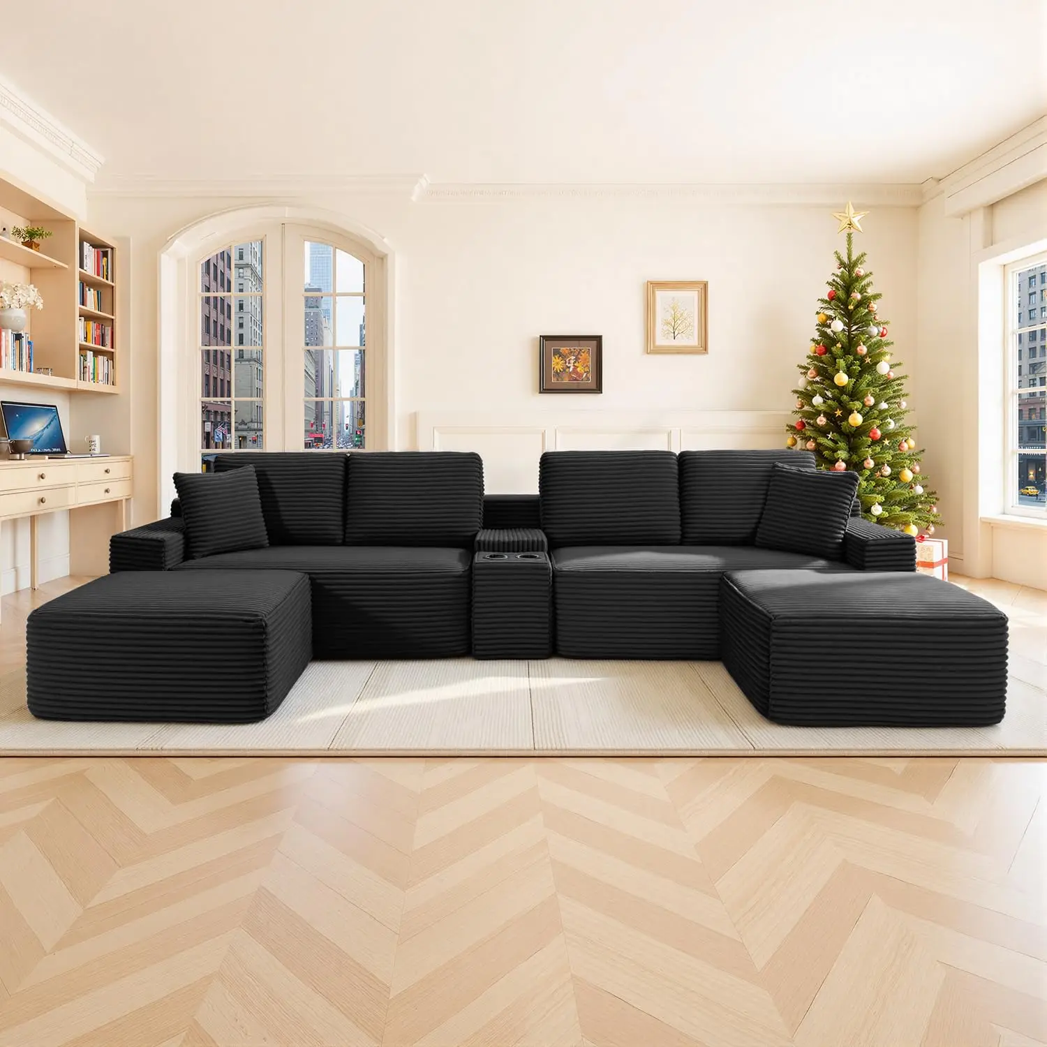 125" Oversized Modular Sectional Sofa, Deep Seat Cloud L-Shaped Corduroy Couch with Cup Holders, USB Ports &, Customized