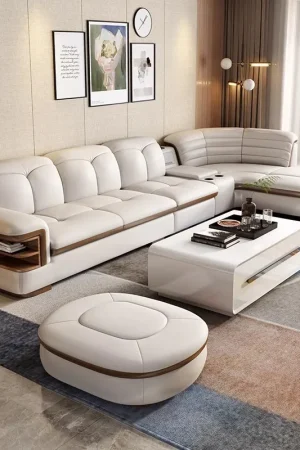Luxury L-Shaped Genuine Leather Sectional Sofa Sets with USB, Bluetooth Speaker - MANBAS Living Room Italian Leather Couches