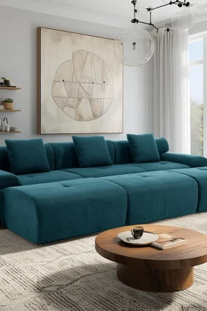 122" Modular Sectional Sofa, Green Corduroy Cloud Couch with 3 Ottomans, 1200lbs Heavy Duty 3-Seater (Seats 6),, Customized