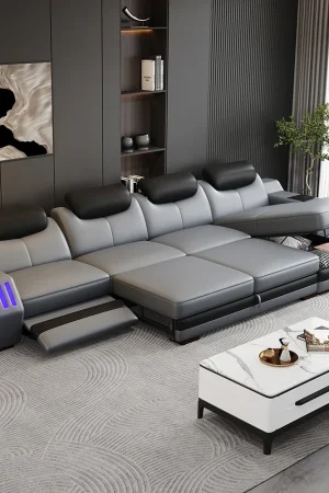 Modern L-Shaped Sectional Sofa Bed with Adjustable Headrests & LED Lights, Genuine Leather Recliner Couch with Storage & USB
